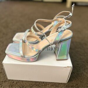 Holographic Strappy Block Heel Sandals